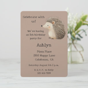 Cream Brown Cute Hedgehog Animal Birthday Invitation