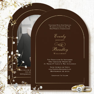 Cream Brown Elegant Arch Autumn Minimal Wedding Invitation