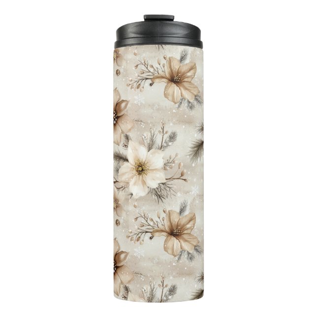 Cream Brown Floral Christmas Thermal Tumbler (Front)