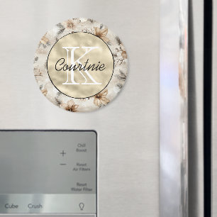 Cream Brown Floral Gold Monogram Magnet