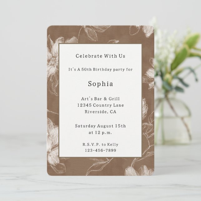 Cream Brown Flowers Birthday Invitation (Standing Front)