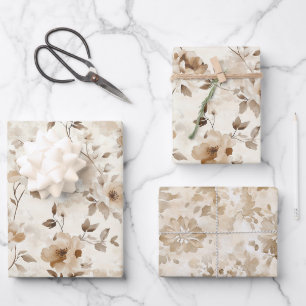 Cream Brown Flowers Birthday Wrapping Paper Sheet