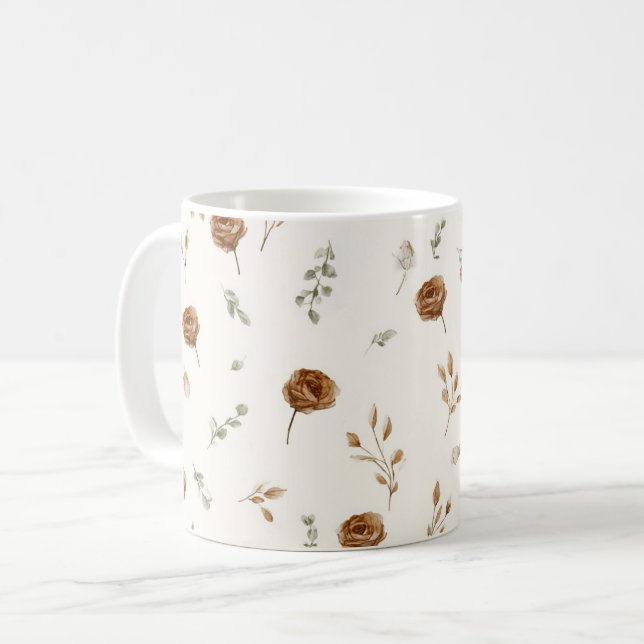 Cream Brown Flowers Coffee Mug (Front Left)