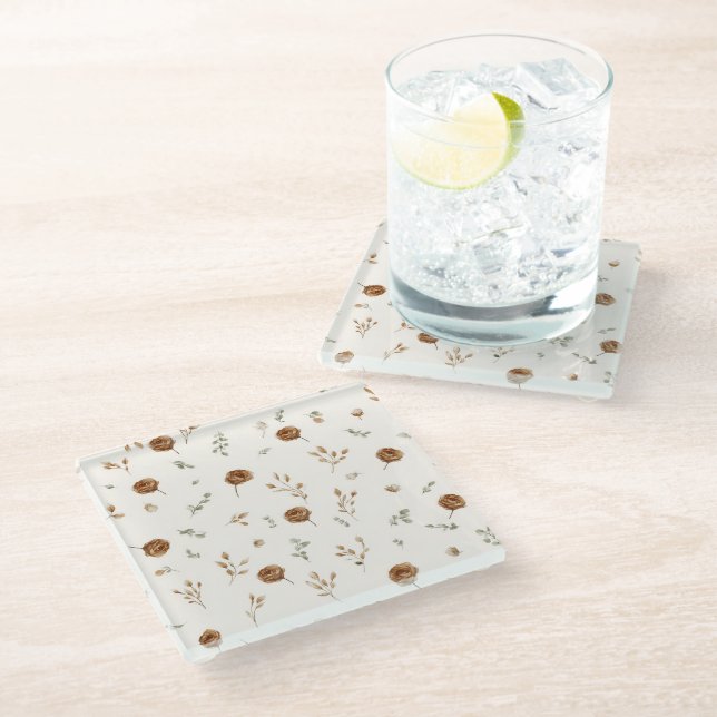Cream Brown Flowers Glass Coaster (Angled)