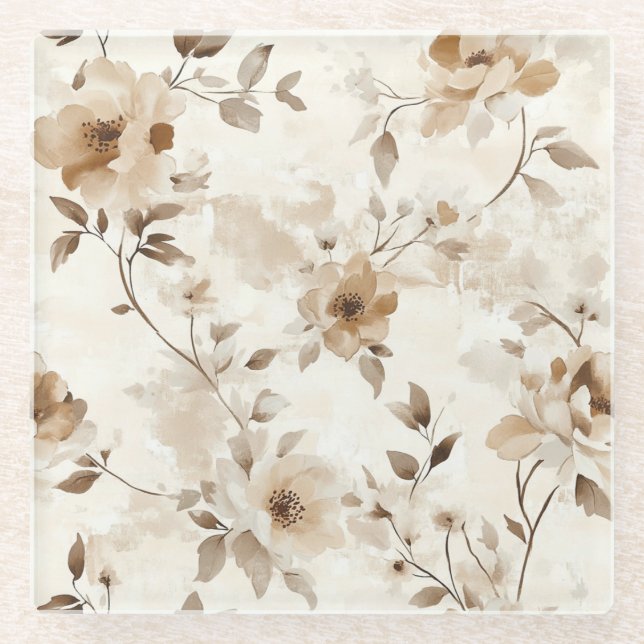 Cream Brown Flowers Glass Coaster (Front)