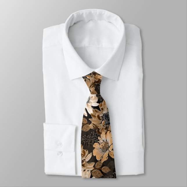 Cream, brown flowers on a dark brown  tie (Tied)