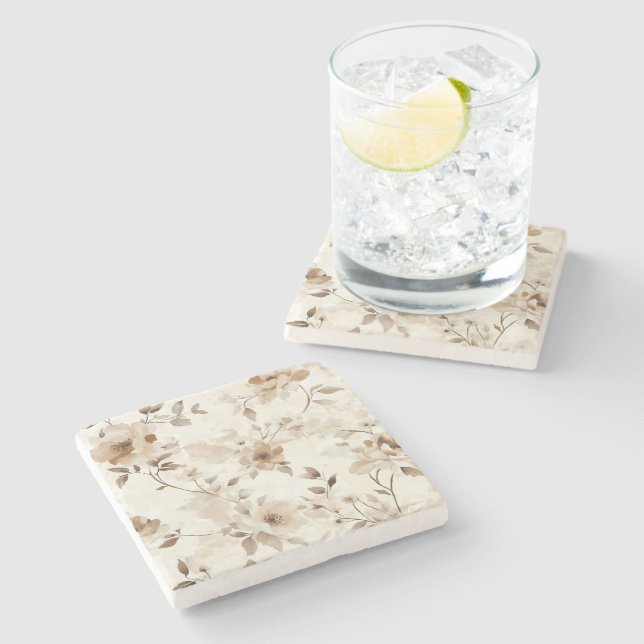 Cream Brown Flowers Stone Coaster (Side)