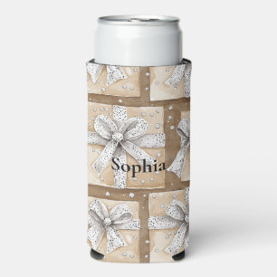 Cream Brown Glitzy White Bows Seltzer Can Cooler