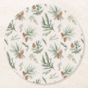 Cream Brown Green Christmas Pine Cones Round Paper Coaster