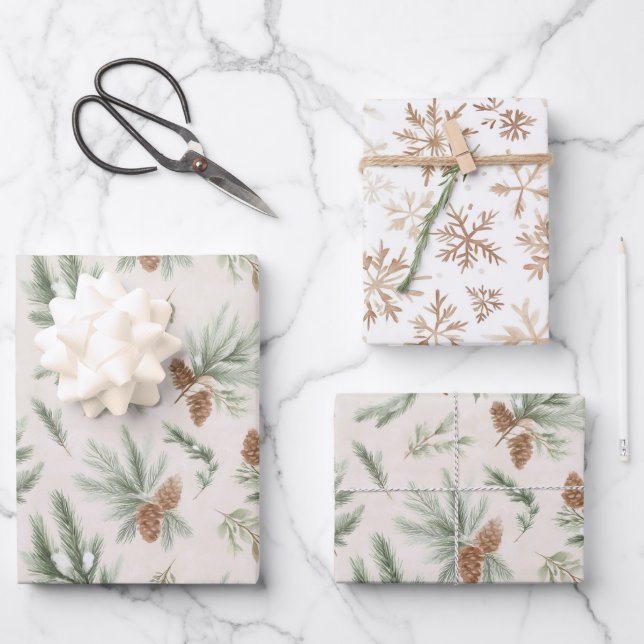 Cream Brown Green Christmas Pine Cones Snowflakes Wrapping Paper Sheet (Front)