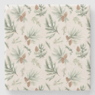 Cream Brown Green Christmas Pine Cones Stone Coaster