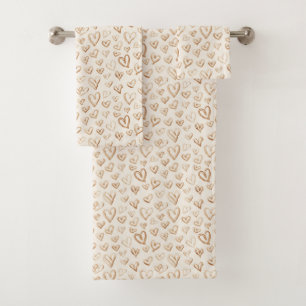 Cream Brown Hearts Valentine's Day Bath Towel Set