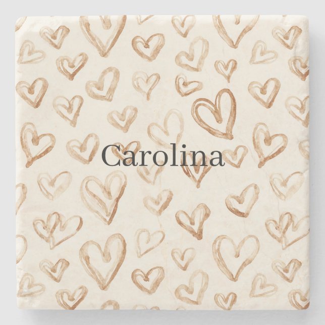 Cream Brown Hearts Valentine's Day Stone Coaster (Front)