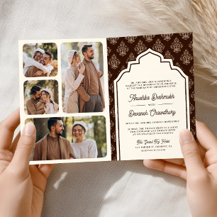 Cream Brown Ikat Photo Collage Indian Wedding Invitation