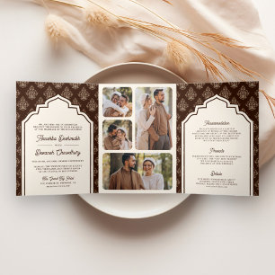 Cream Brown Ikat Photo Collage Indian Wedding Tri-Fold Invitation