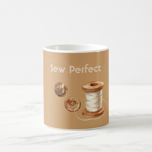 Cream Brown Ivory Sew Perfect Buttons Thread Coffee Mug (Center)