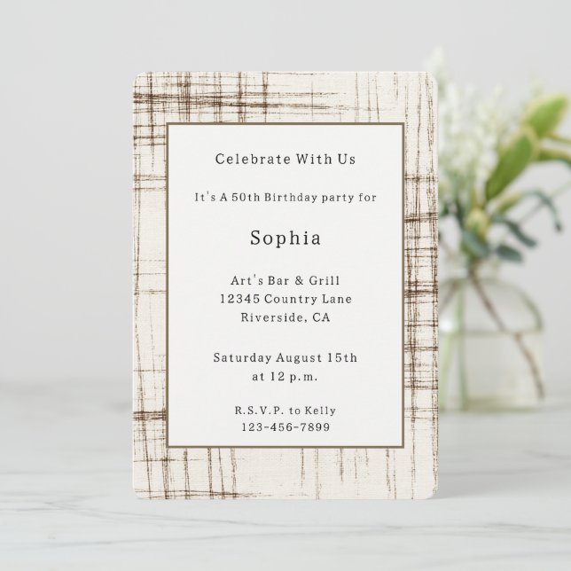 Cream Brown Lines Stripes Birthday Invitation (Standing Front)