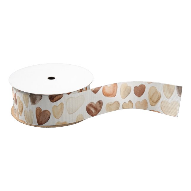 Cream Brown  Peach Heart Coffee Beans Grosgrain Ribbon (Spool)