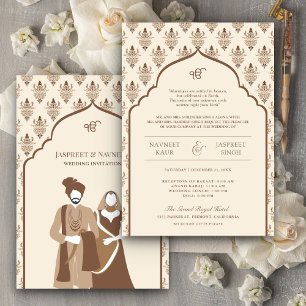 Cream Brown Punjabi Anand Karaj Sikh Wedding Invitation