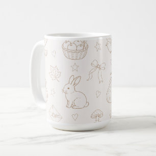Cream Brown Sketch Baskets Birds Bunnies Coffee Mug