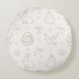 Cream Brown Sketch Baskets Birds Bunnies Round Cushion