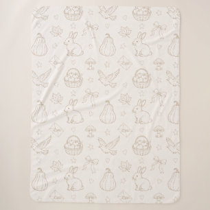 Cream Brown Sketch Baskets Birds Bunnies Sherpa Blanket