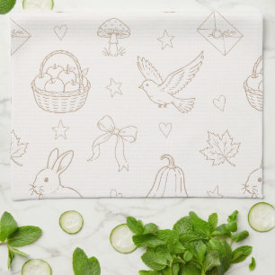 Cream Brown Sketch Baskets Birds Bunnies Tea Towel