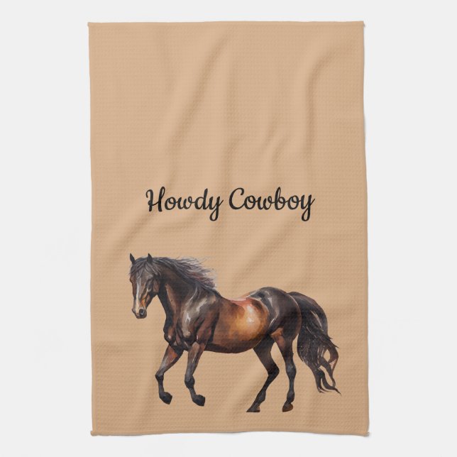 Cream Brown Southwest Horse Tea Towel (Vertical)