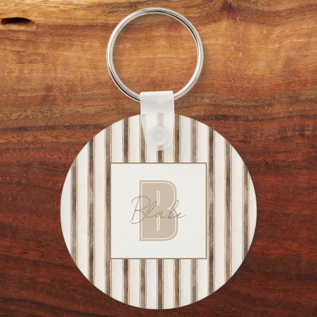Cream Brown Stripes Monogram Initial Name Key Ring (Front)
