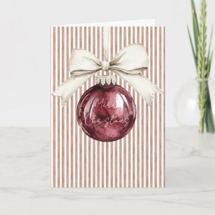 Cream Brown Stripes Red Christmas Ornament Bow Card