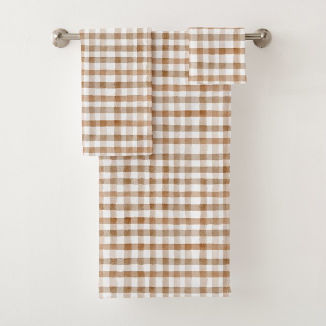 Cream Brown Stripes Tan Plaid Bath Towel Set (Insitu)