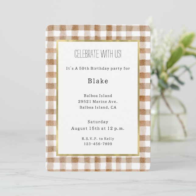Cream Brown Stripes Tan Plaid Birthday Invitation (Standing Front)