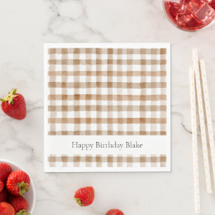 Cream Brown Stripes Tan Plaid Birthday Napkin