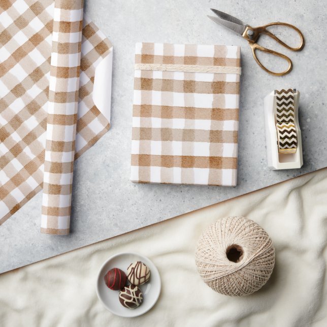 Cream Brown Stripes Tan Plaid Birthday Wrapping Paper (Crafts)