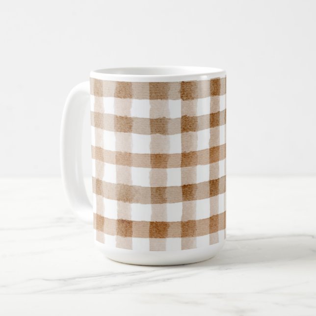 Cream Brown Stripes Tan Plaid Coffee Mug (Front Left)