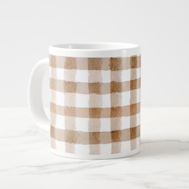 Cream Brown Stripes Tan Plaid Large Coffee Mug (Front Left)