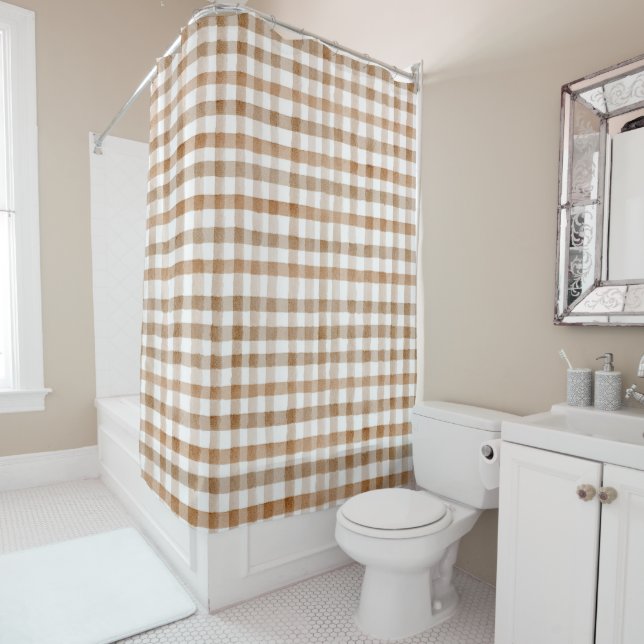 Cream Brown Stripes Tan Plaid Shower Curtain (In Situ)