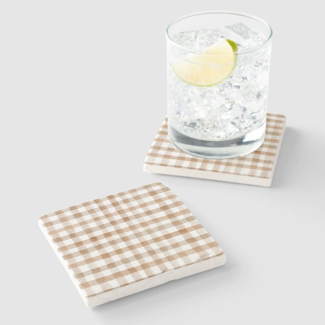 Cream Brown Stripes Tan Plaid Stone Coaster (Side)