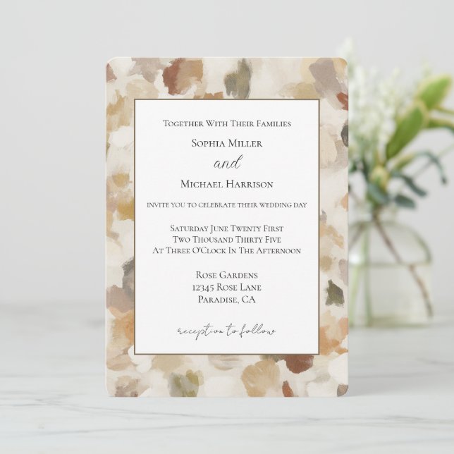 Cream Brown Tan Abstract Birthday Wedding Invitation (Standing Front)