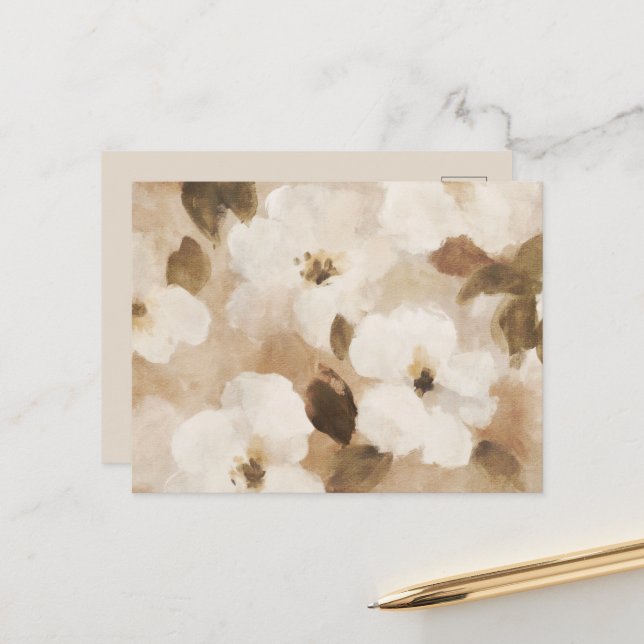 Cream Brown Tan Abstract Flowers Postcard (Front/Back In Situ)