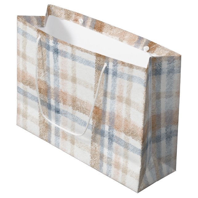 Cream Brown Tan Blue Stripes Birthday Large Gift Bag (Front Angled)