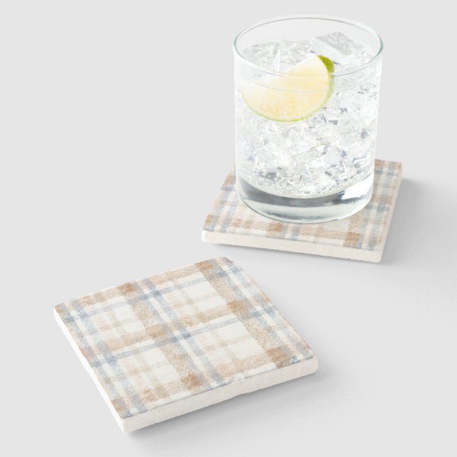 Cream Brown Tan Blue Stripes Stone Coaster (Side)