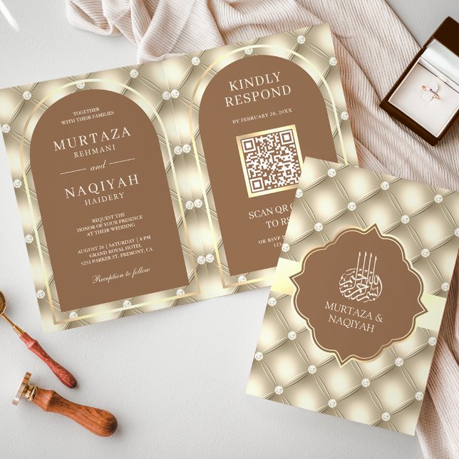 Cream Brown Tufted Pattern QR Code Muslim Wedding Invitation (Creator Uploaded)