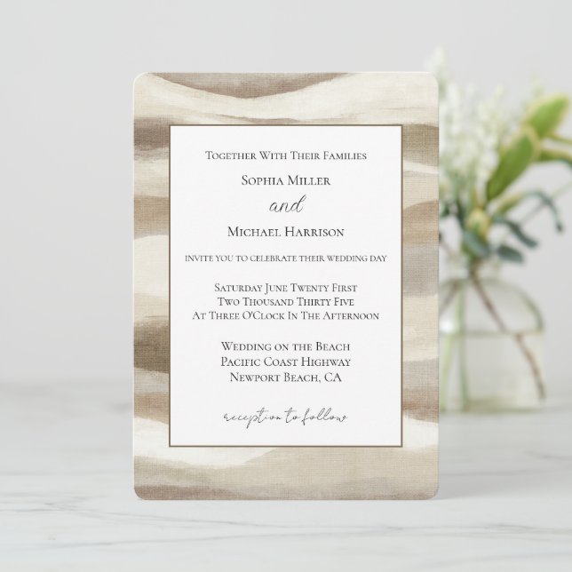 Cream Brown Wavy Stripes Wedding Invitation (Standing Front)