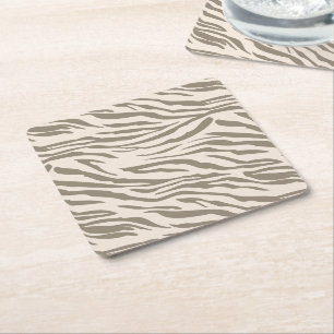 Cream Brown White Zebra Print Square Paper Coaster