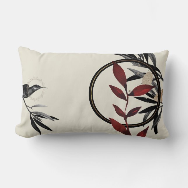 Cream Burgundy & Black Watercolor Leaves Lumbar Cushion (Front)