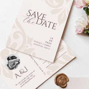 Cream & Burgundy Chic Photo Wedding Save the Date Announcement Postcard