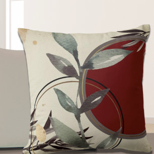 Cream & Burgundy Earthy Zen Watercolor Leaves Cushion