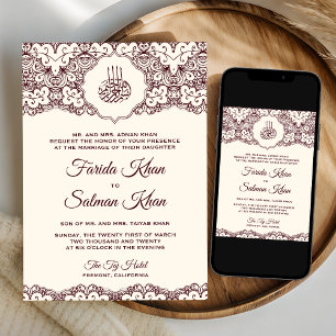 Cream Burgundy Lace Islamic Muslim Wedding Invitation
