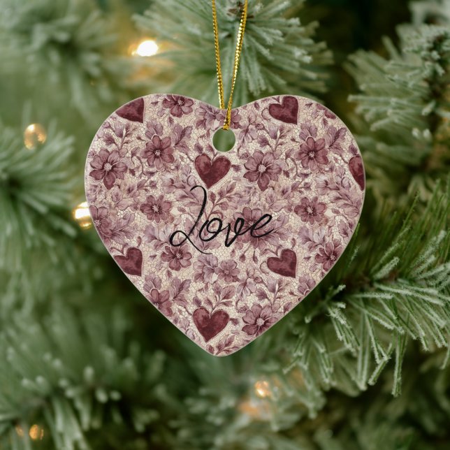 Cream Burgundy Red Hearts Flowers Ceramic Tree Decoration (Tree)